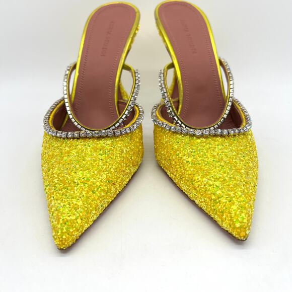AMINA MUADDI Glitter Gilda Heeled Mule Women 8 Yellow Rhinstone Strap Pointy Toe - Picture 2 of 16